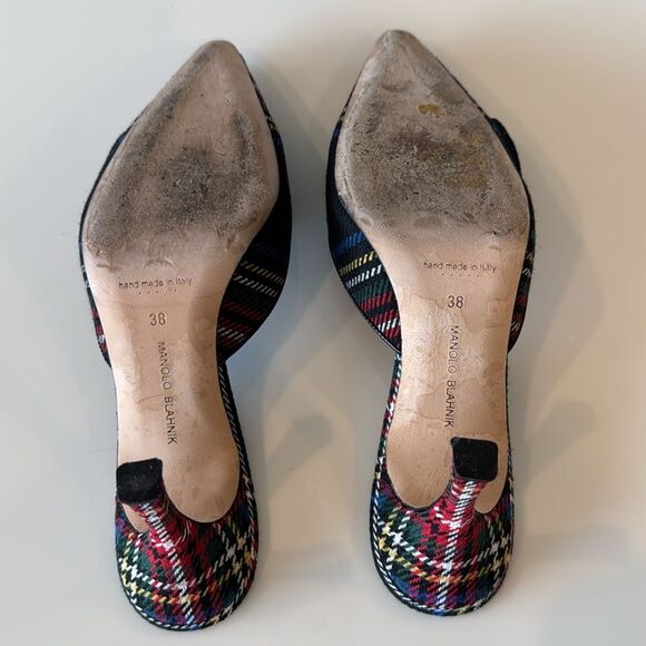 Manolo Blahnik Plaid Maysale Buckle Mules Blue Red EU 38 US 8 Shoes - Picture 6 of 8